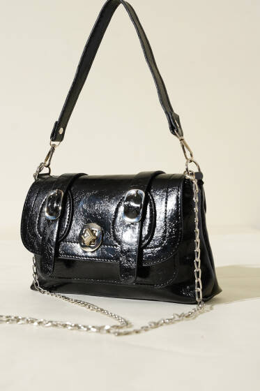 Çift Kemer Detaylı Rugan Çanta Siyah - Kol Çantası