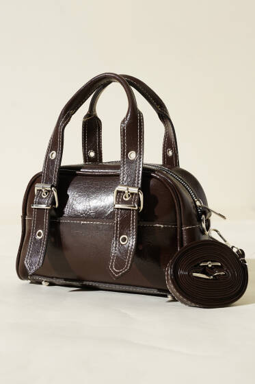 Çift Kemer Tokalı Rugan Çanta Acı Kahve - Kol Çantası