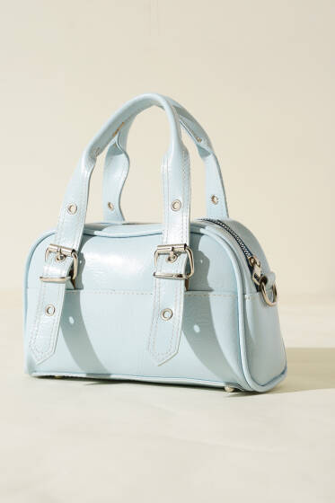 Çift Kemer Tokalı Rugan Çanta Bebe Mavi - Kol Çantası