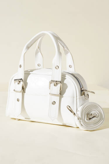 Çift Kemer Tokalı Rugan Çanta Beyaz - Kol Çantası