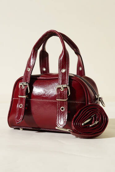 Çift Kemer Tokalı Rugan Çanta Bordo - Kol Çantası