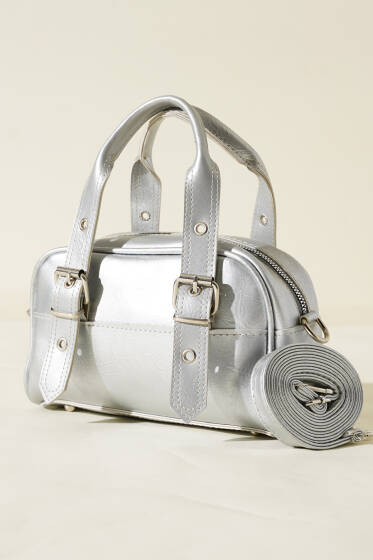 Çift Kemer Tokalı Rugan Çanta Gümüş - Kol Çantası