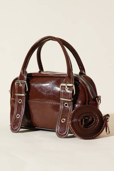 Çift Kemer Tokalı Rugan Çanta Kahve - Kol Çantası