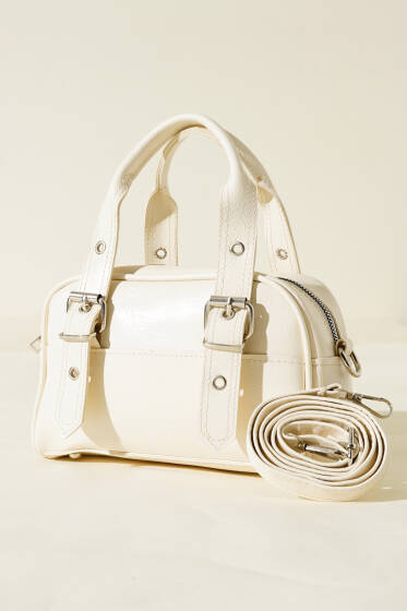 Çift Kemer Tokalı Rugan Çanta Krem - Kol Çantası