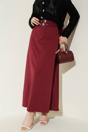 Çift Kemerli Dikiş Detaylı Etek Bordo - Etek