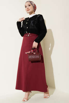 Çift Kemerli Dikiş Detaylı Etek Bordo - Etek