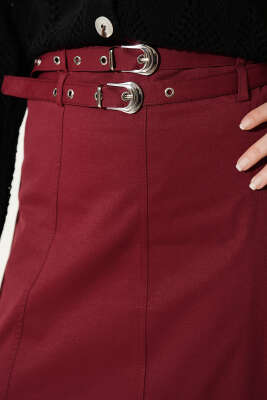 Çift Kemerli Dikiş Detaylı Etek Bordo - Etek