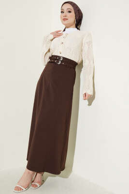 Çift Kemerli Dikiş Detaylı Etek Kahve - Etek