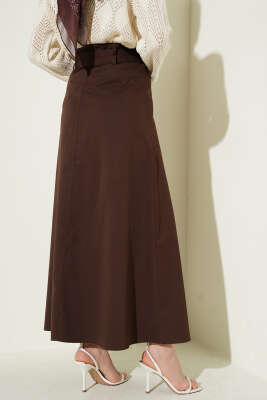 Çift Kemerli Dikiş Detaylı Etek Kahve - Etek