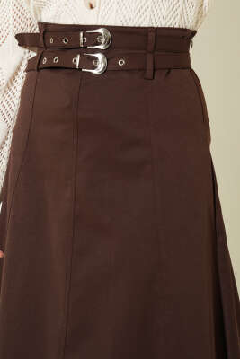 Çift Kemerli Dikiş Detaylı Etek Kahve - Etek