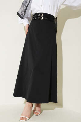 Çift Kemerli Dikiş Detaylı Etek Siyah - ALİ AKKAYA