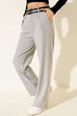 Çift Kemerli Geniş Paçalı Pantolon Gri - LEVURE