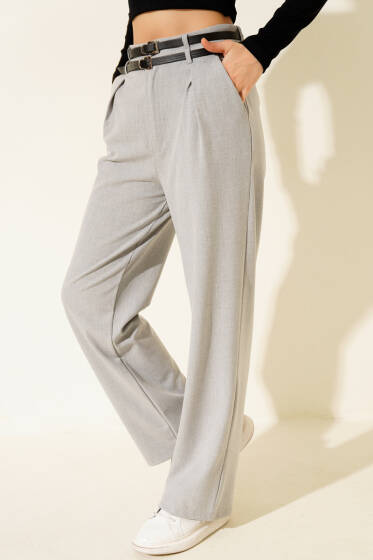 Çift Kemerli Geniş Paçalı Pantolon Gri - Kadın Giyim Modelleri