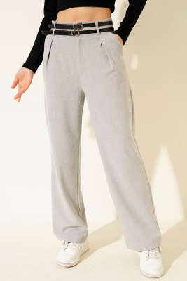 Çift Kemerli Geniş Paçalı Pantolon Gri - Kadın Giyim Modelleri