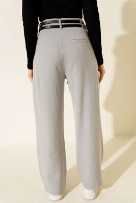 Çift Kemerli Geniş Paçalı Pantolon Gri - Kadın Giyim Modelleri