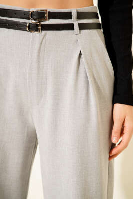 Çift Kemerli Geniş Paçalı Pantolon Gri - Kadın Giyim Modelleri