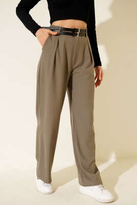 Çift Kemerli Geniş Paçalı Pantolon Haki - LEVURE