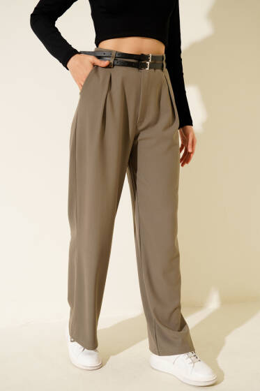 Çift Kemerli Geniş Paçalı Pantolon Haki - Kadın Giyim Modelleri