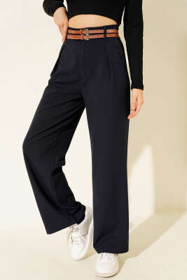 Çift Kemerli Geniş Paçalı Pantolon Lacivert - LEVURE