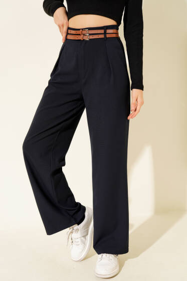 Çift Kemerli Geniş Paçalı Pantolon Lacivert - Kadın Giyim Modelleri