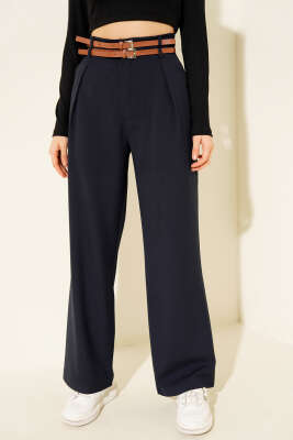 Çift Kemerli Geniş Paçalı Pantolon Lacivert - Kadın Giyim Modelleri