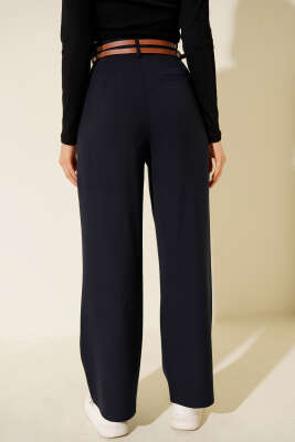 Çift Kemerli Geniş Paçalı Pantolon Lacivert - Kadın Giyim Modelleri