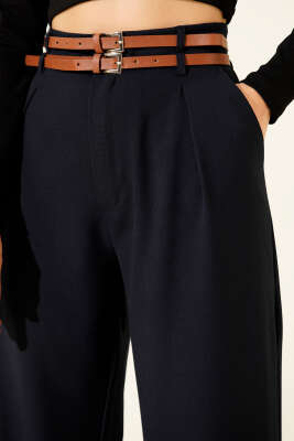 Çift Kemerli Geniş Paçalı Pantolon Lacivert - Kadın Giyim Modelleri