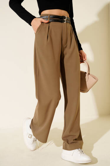 Çift Kemerli Geniş Paçalı Pantolon Vizon - Kadın Giyim Modelleri
