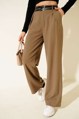 Çift Kemerli Geniş Paçalı Pantolon Vizon - Kadın Giyim Modelleri