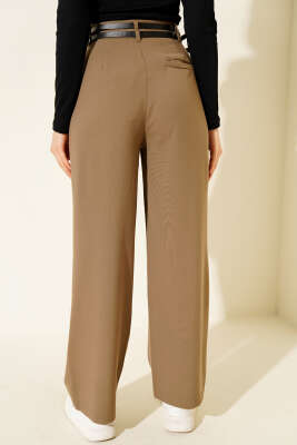 Çift Kemerli Geniş Paçalı Pantolon Vizon - Kadın Giyim Modelleri