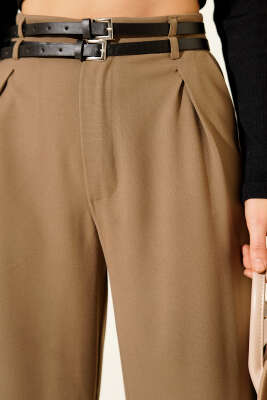 Çift Kemerli Geniş Paçalı Pantolon Vizon - Kadın Giyim Modelleri