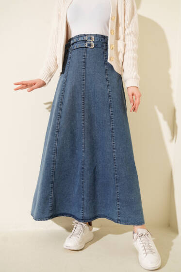 Çift Kemerli Kot Etek Kot Etek Mavi - Etek