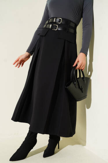 Çift Kemerli Pens Detaylı Kloş Etek Siyah - Etek