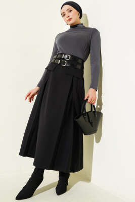 Çift Kemerli Pens Detaylı Kloş Etek Siyah - Etek