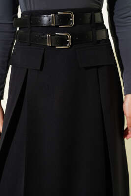 Çift Kemerli Pens Detaylı Kloş Etek Siyah - Etek