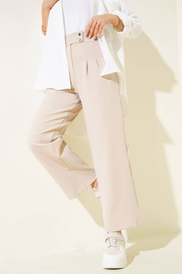 Çift Metal Düğmeli Pantolon Bej - Pantolon