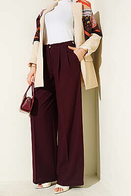 Çift Pileli Düğmeli Kumaş Pantolon Bordo - WENNA DESIGN