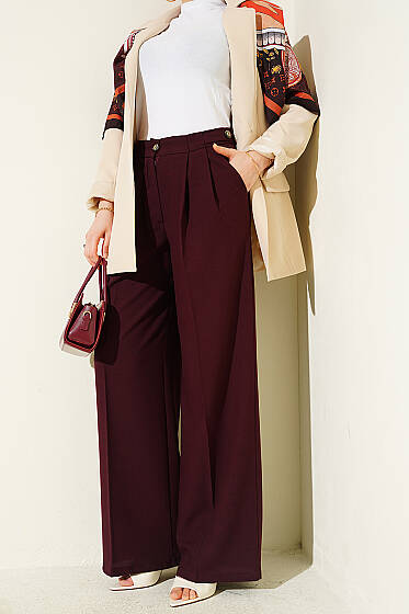 Çift Pileli Düğmeli Kumaş Pantolon Bordo - Pantolon