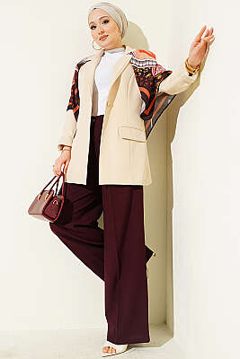 Çift Pileli Düğmeli Kumaş Pantolon Bordo - Pantolon