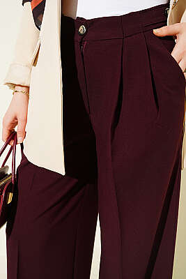 Çift Pileli Düğmeli Kumaş Pantolon Bordo - Pantolon