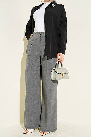 Çift Pileli Düğmeli Kumaş Pantolon Füme - Pantolon