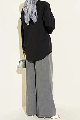 Çift Pileli Düğmeli Kumaş Pantolon Füme - Pantolon