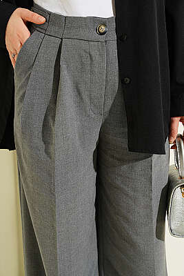 Çift Pileli Düğmeli Kumaş Pantolon Füme - Pantolon