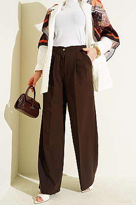 Çift Pileli Düğmeli Kumaş Pantolon Kahve - WENNA DESIGN