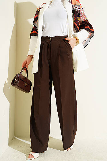 Çift Pileli Düğmeli Kumaş Pantolon Kahve - Pantolon