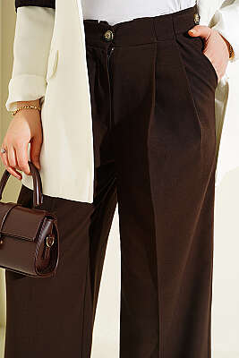 Çift Pileli Düğmeli Kumaş Pantolon Kahve - Pantolon