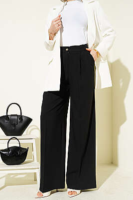 Çift Pileli Düğmeli Kumaş Pantolon Siyah - WENNA DESIGN