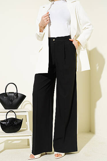 Çift Pileli Düğmeli Kumaş Pantolon Siyah - Pantolon