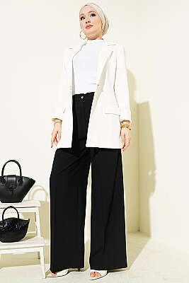 Çift Pileli Düğmeli Kumaş Pantolon Siyah - Pantolon