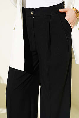 Çift Pileli Düğmeli Kumaş Pantolon Siyah - Pantolon